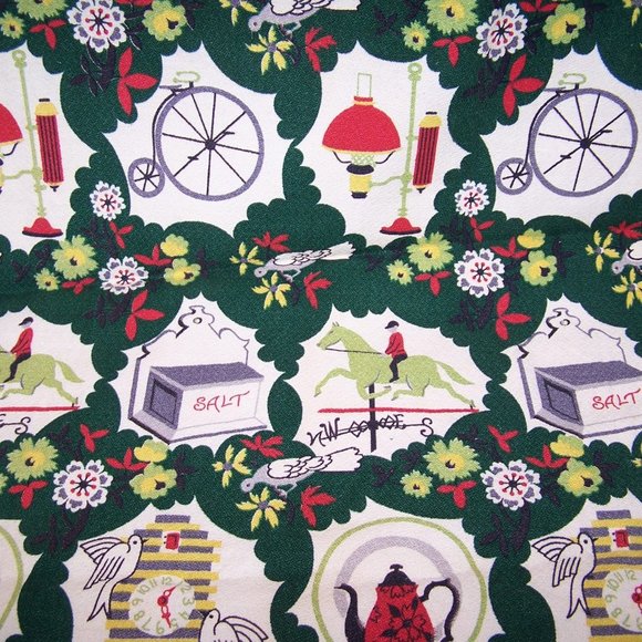 2 Panels 1950s Bark Cloth - Weathervane Salt Container Birds Clock Teapot Flower - Picture 4 of 5